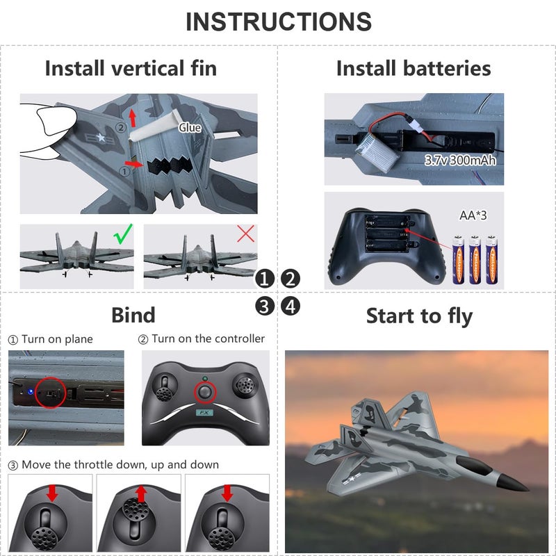 HAWK'S WORK 2 CH RC Airplane, F-22 Plane Ready to Fly, 2.4GHz Remote Control, Easy to Fly RC Glider for Kids & Beginners - Image 5